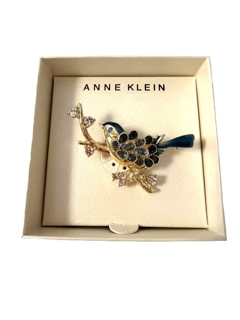 Anne Klein Bluebird Brooch Gold Tone Blue Enamel Rhinestone Bird on Branch Pin w